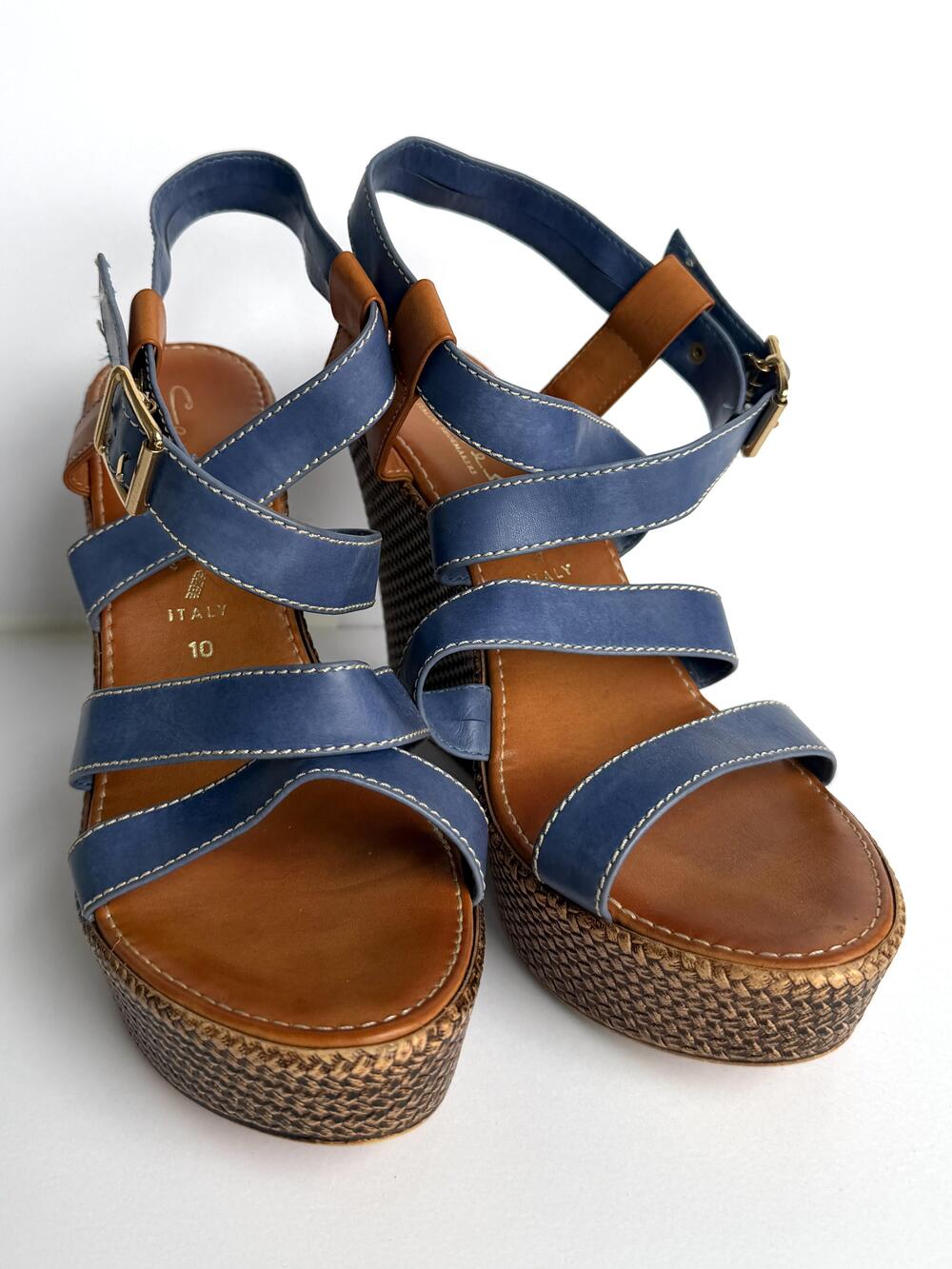 Contesa By Italian Shoemakers Shoes Womens 10 Blue Strappy Wedge Sandals Italy